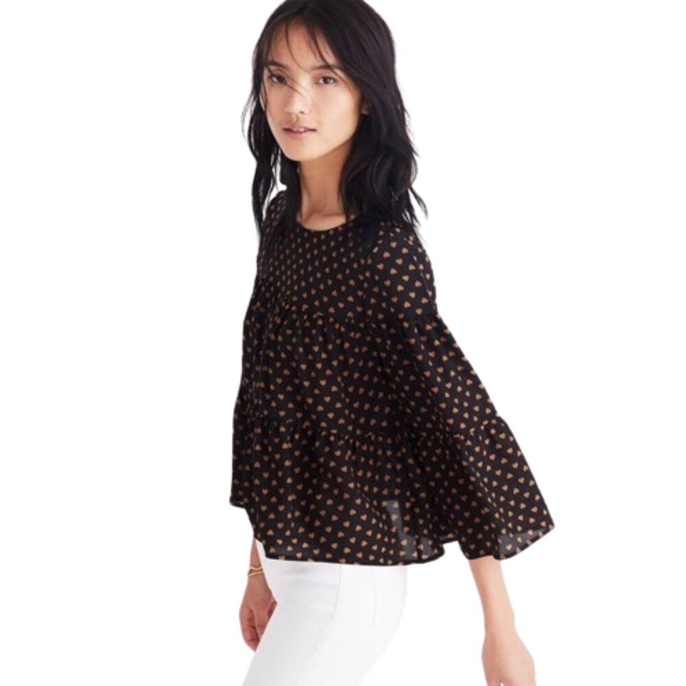 Madewell Silk Tiered Button Back Top in Heart Flip